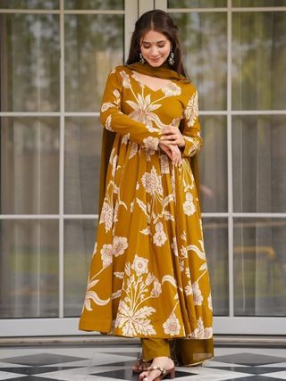 Women's Mustard Printed Anarkali Suit with Dupatta
