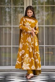 Women's Mustard Printed Anarkali Suit with Dupatta - Mustard