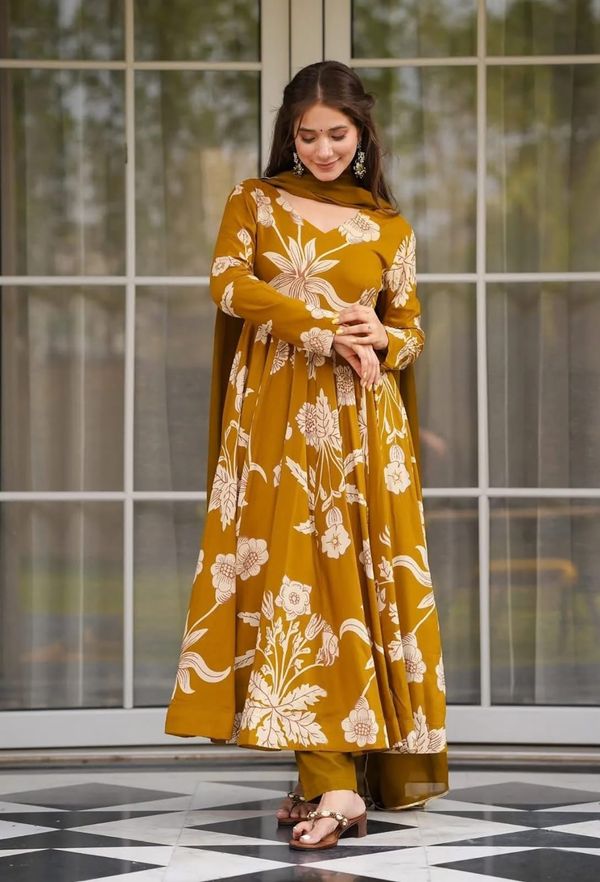 Women'S Mustard Printed Anarkali Suit With Dupatta
