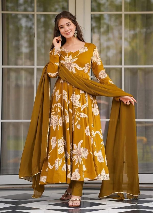 Women'S Mustard Printed Anarkali Suit With Dupatta