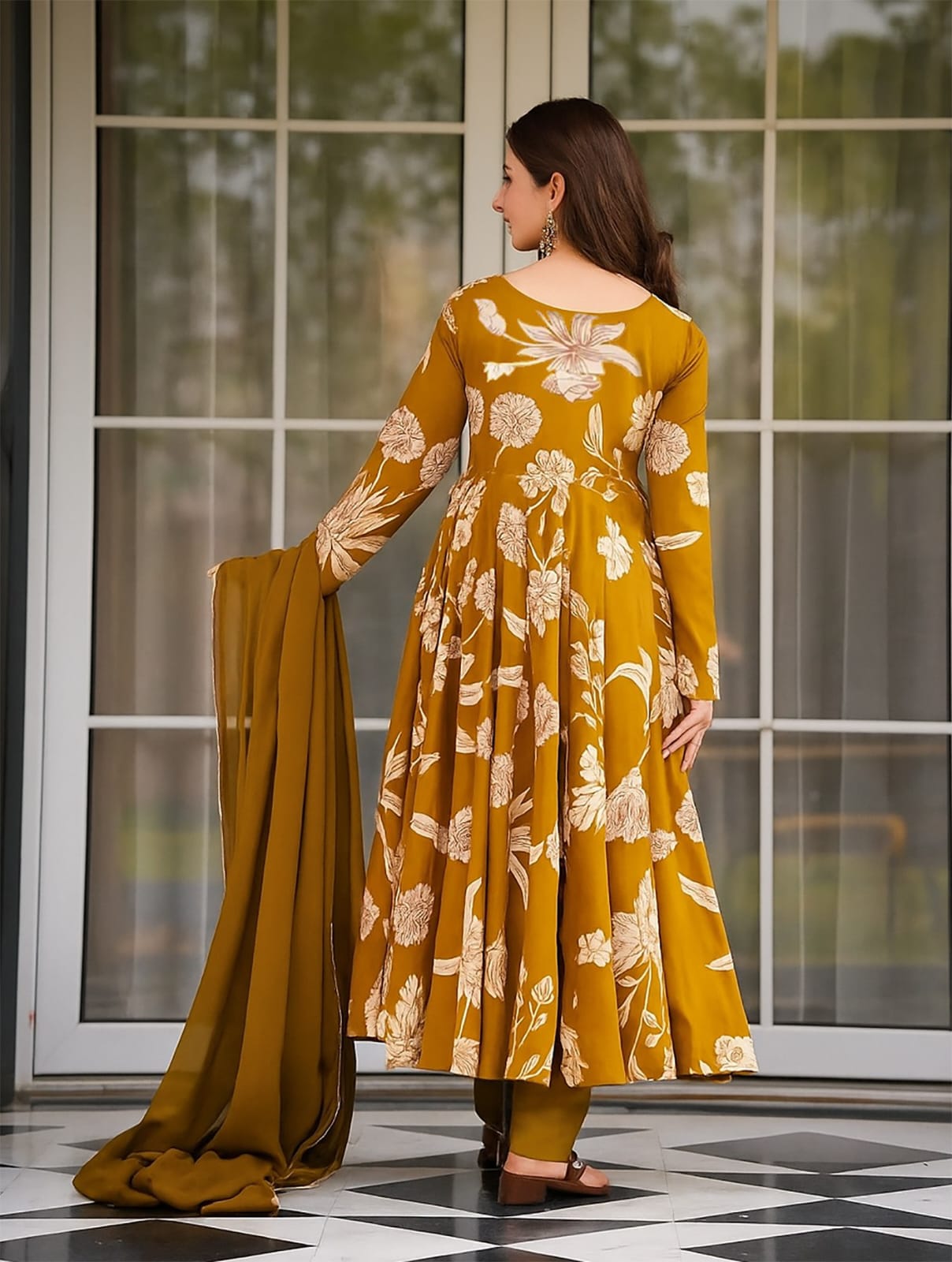 Women's Mustard Printed Anarkali Suit with Dupatta