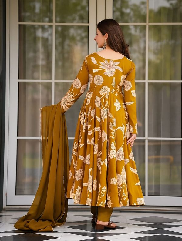 Women's Mustard Printed Anarkali Suit with Dupatta