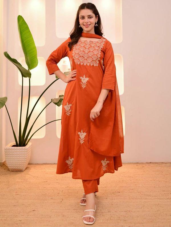 Orange Straight Kurta With Embroidered Dupatta