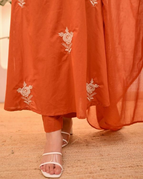 Orange Straight Kurta with Embroidered Dupatta