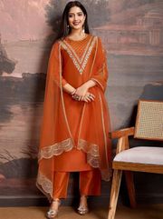 Orange Thread Embroidered Ethnic Suit Set - Orange