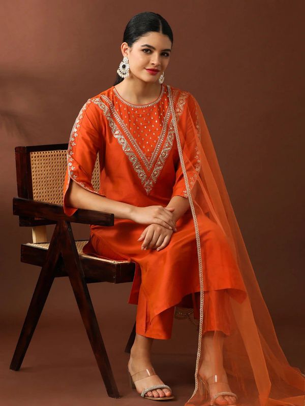 Orange Thread Embroidered Ethnic Suit Set