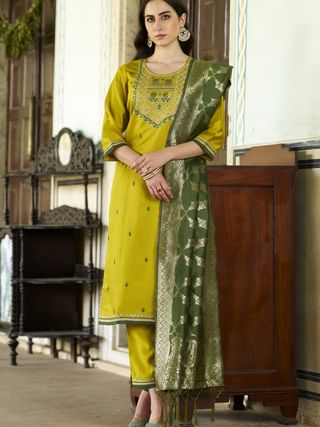 Women's Mustard Silk Blend Kurta Set with Dupatta