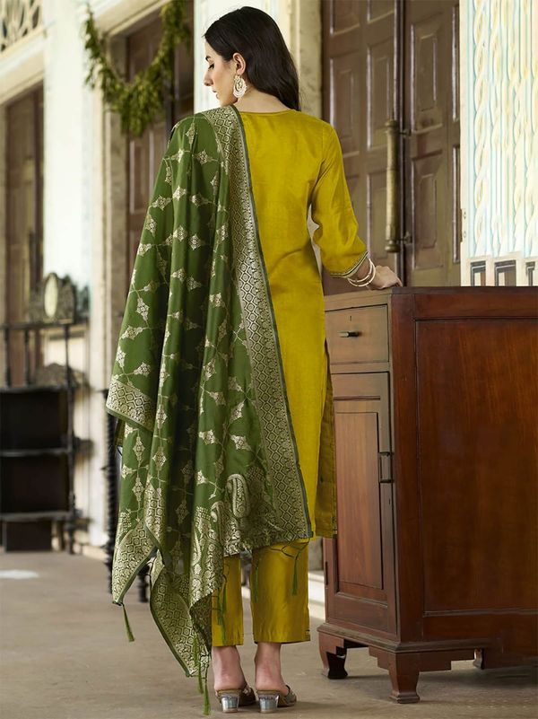 Women's Mustard Silk Blend Kurta Set with Dupatta