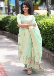 Elegant Pista Festive Wear Kurta Pant Set - Forest Green