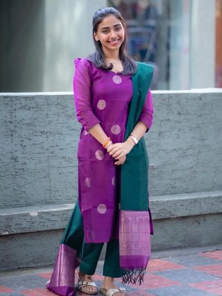 Purple Jacquard Weave Kurta Set with Green Dupatta