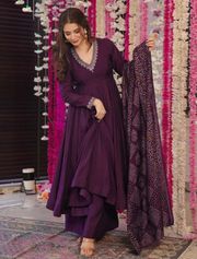 Festive Purple Anarkali Suit with Chanderi Dupatta - Purple