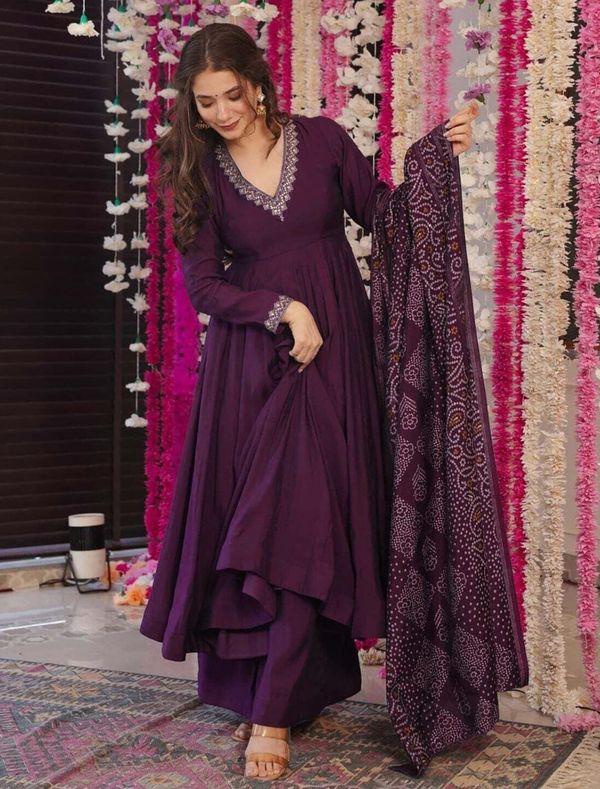 Festive Purple Anarkali Suit With Chanderi Dupatta