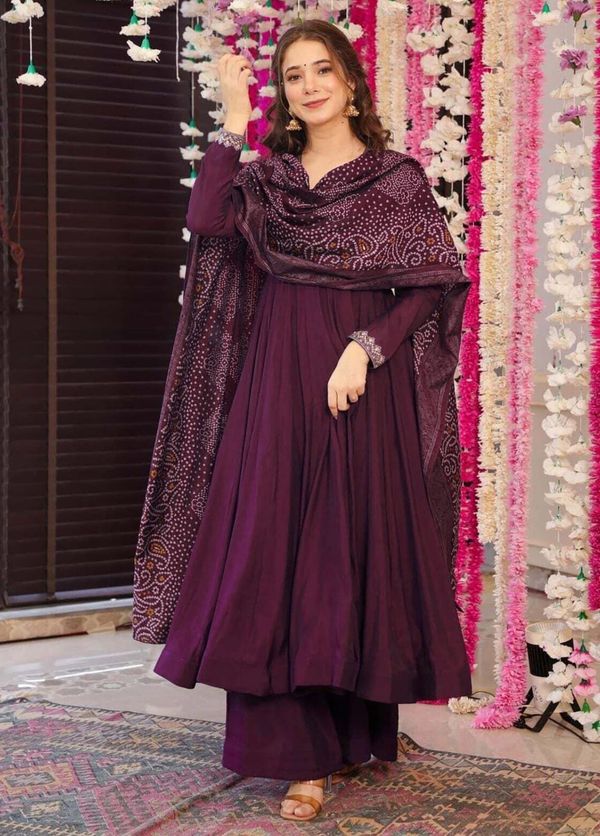 Festive Purple Anarkali Suit With Chanderi Dupatta
