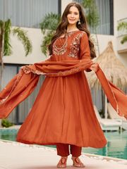 Designer Rust Anarkali Palazzo Dupatta Set - Orange
