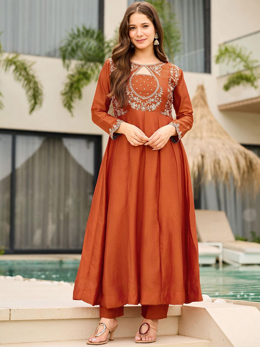 Designer Rust Anarkali Palazzo Dupatta Set