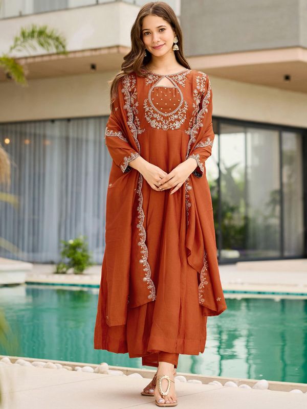 Designer Rust Anarkali Palazzo Dupatta Set
