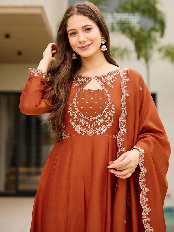 Designer Rust Anarkali Palazzo Dupatta Set