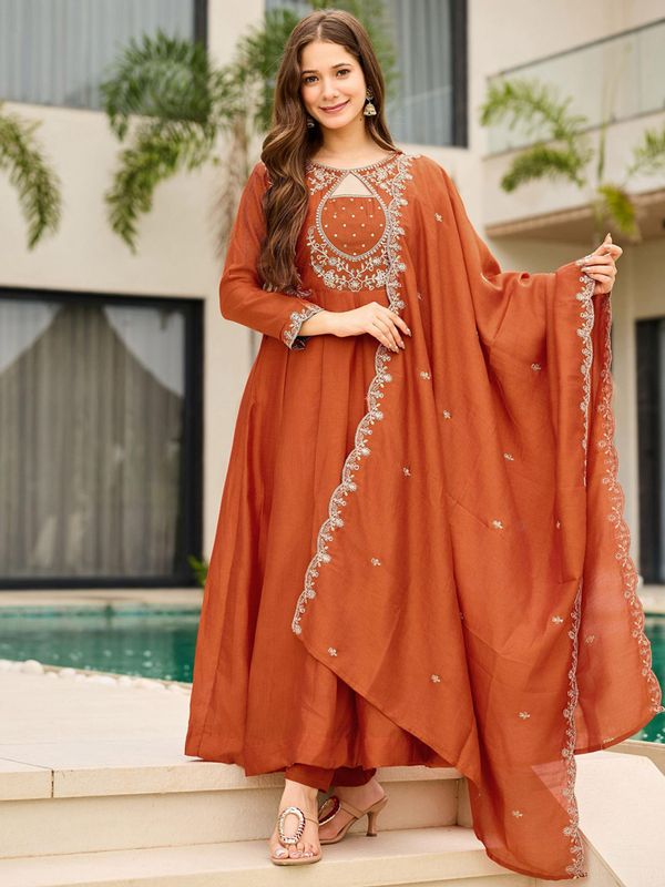 Designer Rust Anarkali Palazzo Dupatta Set
