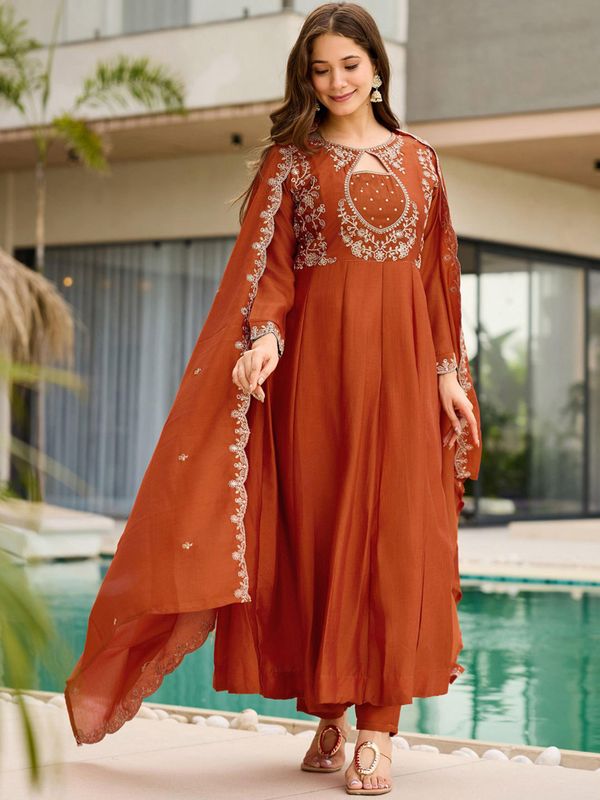 Designer Rust Anarkali Palazzo Dupatta Set