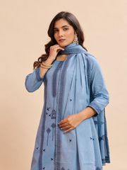 Sky Blue Cotton Straight Kurta Set with Dupatta - Sky Blue