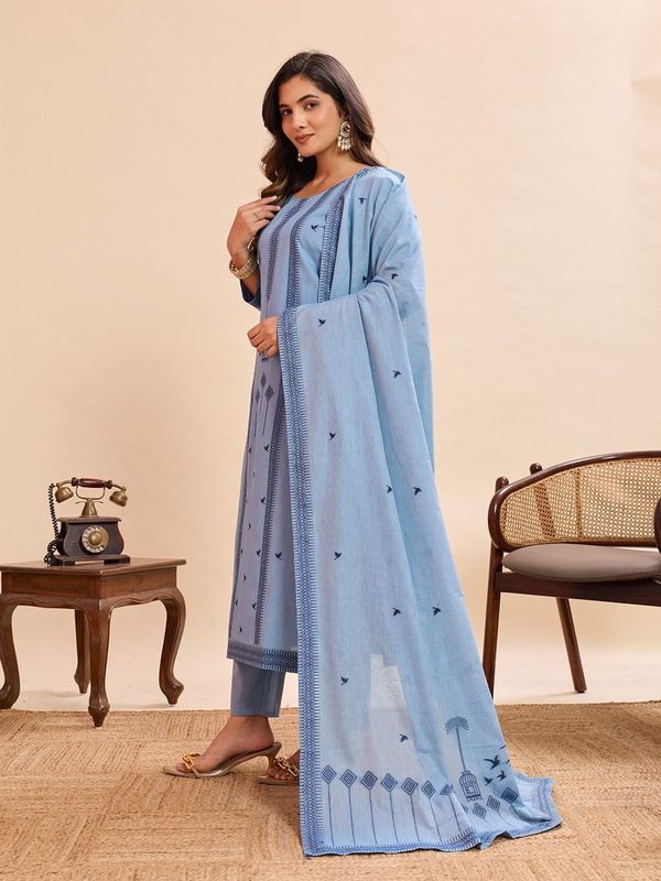 Sky Blue Cotton Straight Kurta Set With Dupatta
