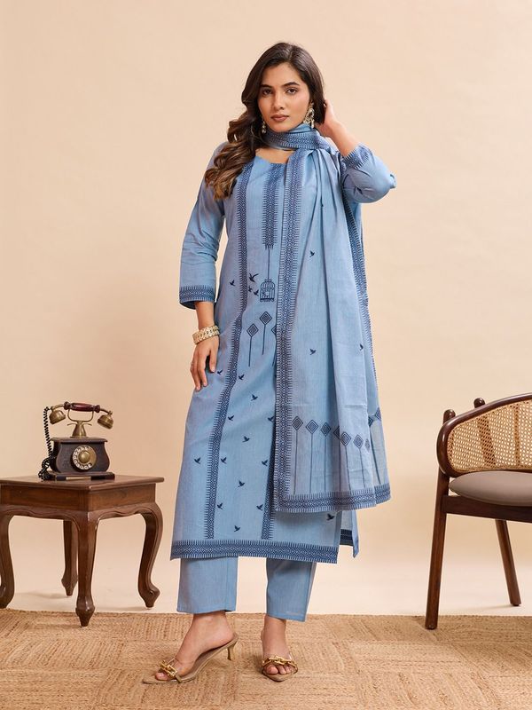 Sky Blue Cotton Straight Kurta Set with Dupatta
