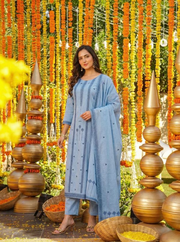 Sky Blue Cotton Straight Kurta Set with Dupatta