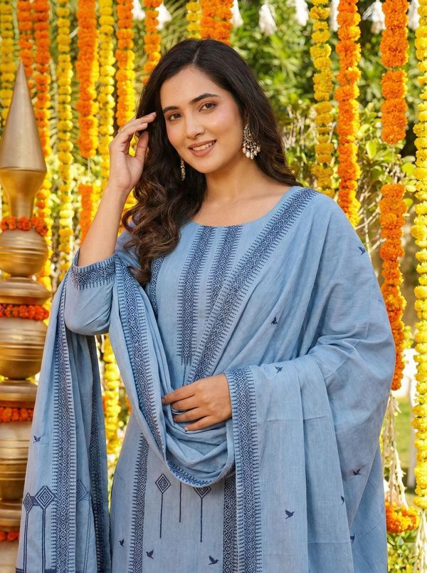 Sky Blue Cotton Straight Kurta Set with Dupatta