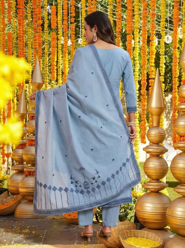 Sky Blue Cotton Straight Kurta Set with Dupatta