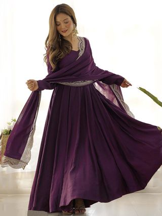 Wine Party Wear Anarkali Gown with Lace Dupatta