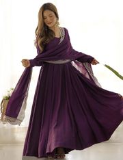 Wine Party Wear Anarkali Gown with Lace Dupatta - wine