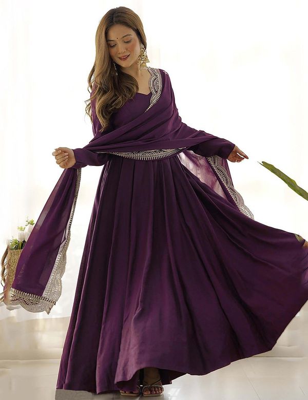 Wine Party Wear Anarkali Gown With Lace Dupatta