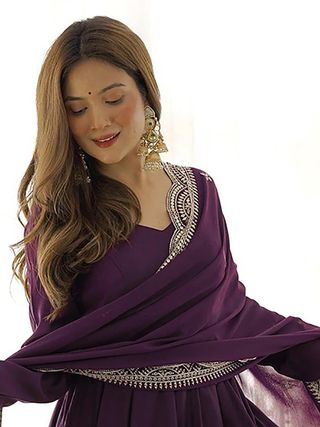 Wine Party Wear Anarkali Gown with Lace Dupatta