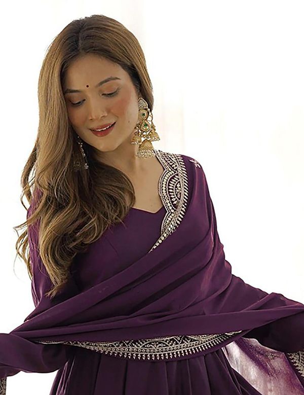Wine Party Wear Anarkali Gown With Lace Dupatta