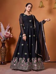 Elegant Black Ethnic Gown with Floral Embroidery - Black