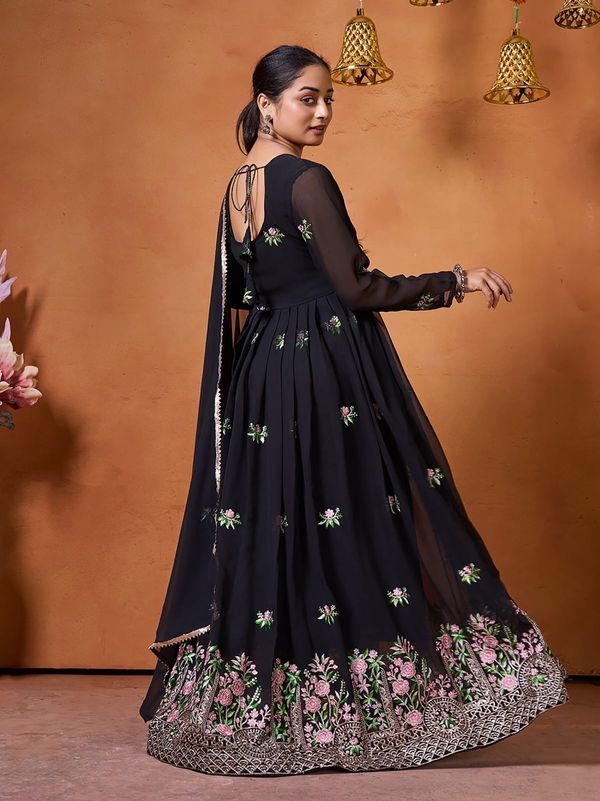 Elegant Black Ethnic Gown with Floral Embroidery