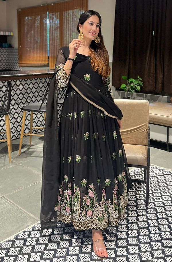 Elegant Black Ethnic Gown with Floral Embroidery