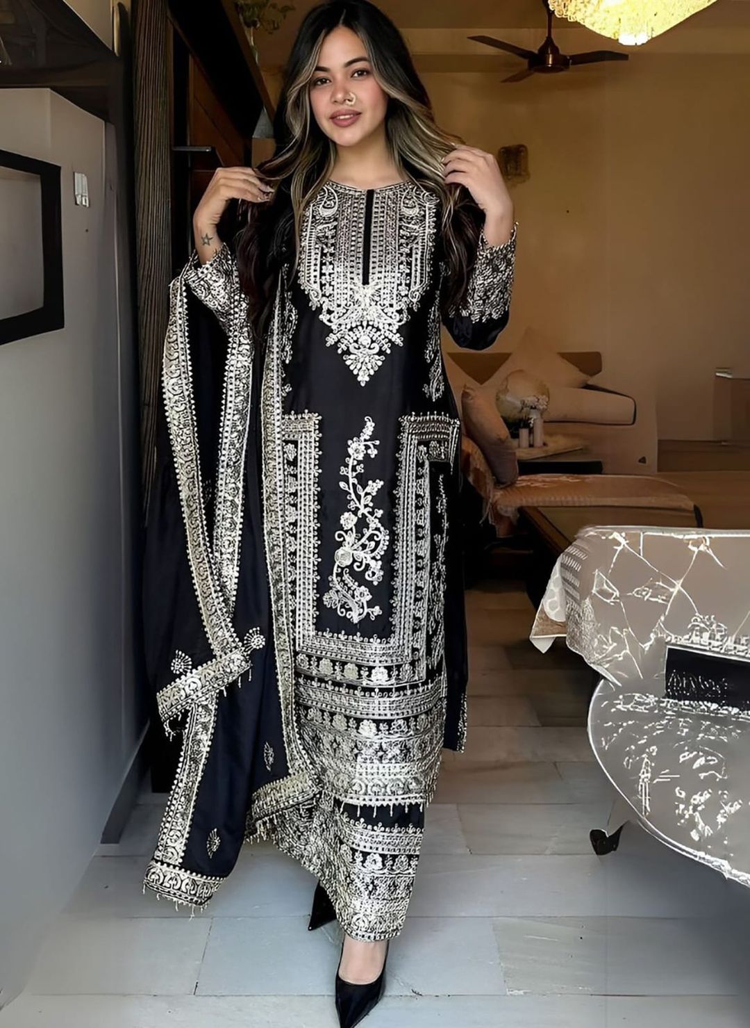 Designer Black Party Wear Palazzo Suit Set