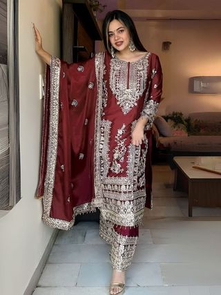 Maroon Wedding Wear Embroidered Palazzo Suit Set