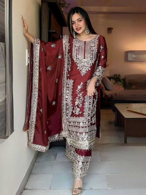 Maroon Wedding Wear Embroidered Palazzo Suit Set