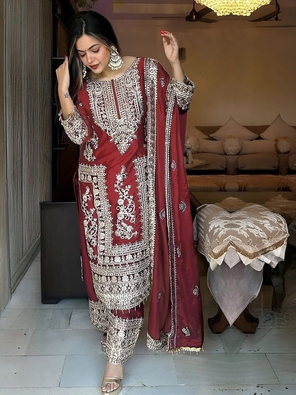 Maroon Wedding Wear Embroidered Palazzo Suit Set