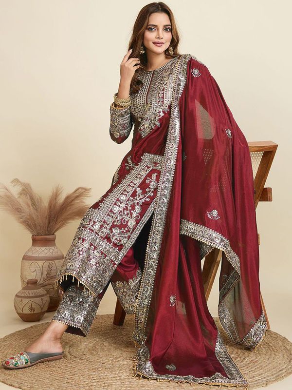 Maroon Wedding Wear Embroidered Palazzo Suit Set