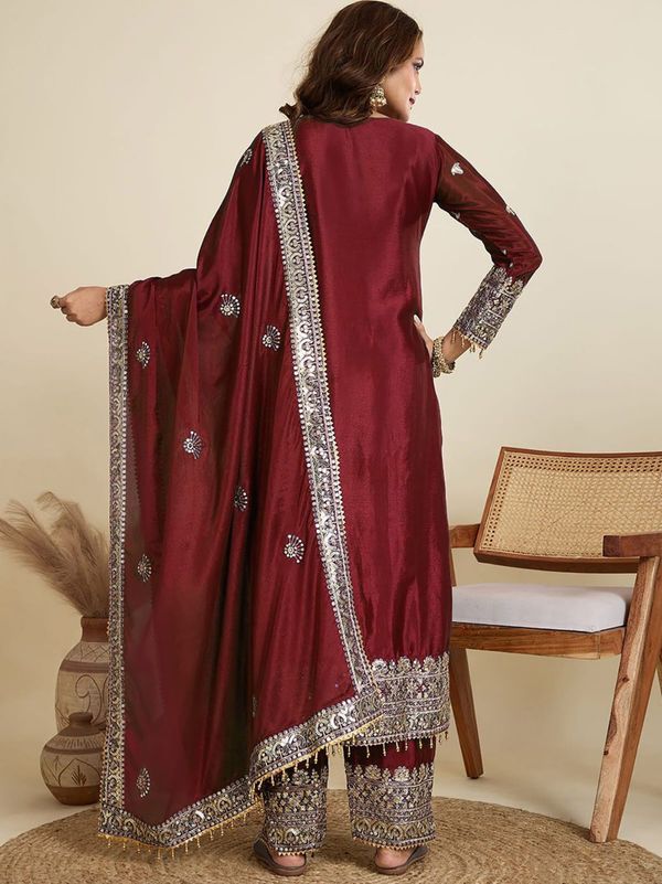 Maroon Wedding Wear Embroidered Palazzo Suit Set