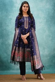 Navy Blue Traditional Kurta Pant Dupatta Ensemble - Navy