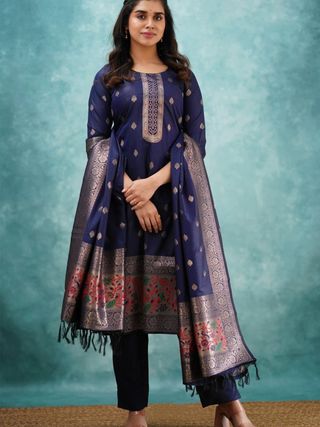 Navy Blue Traditional Kurta Pant Dupatta Ensemble