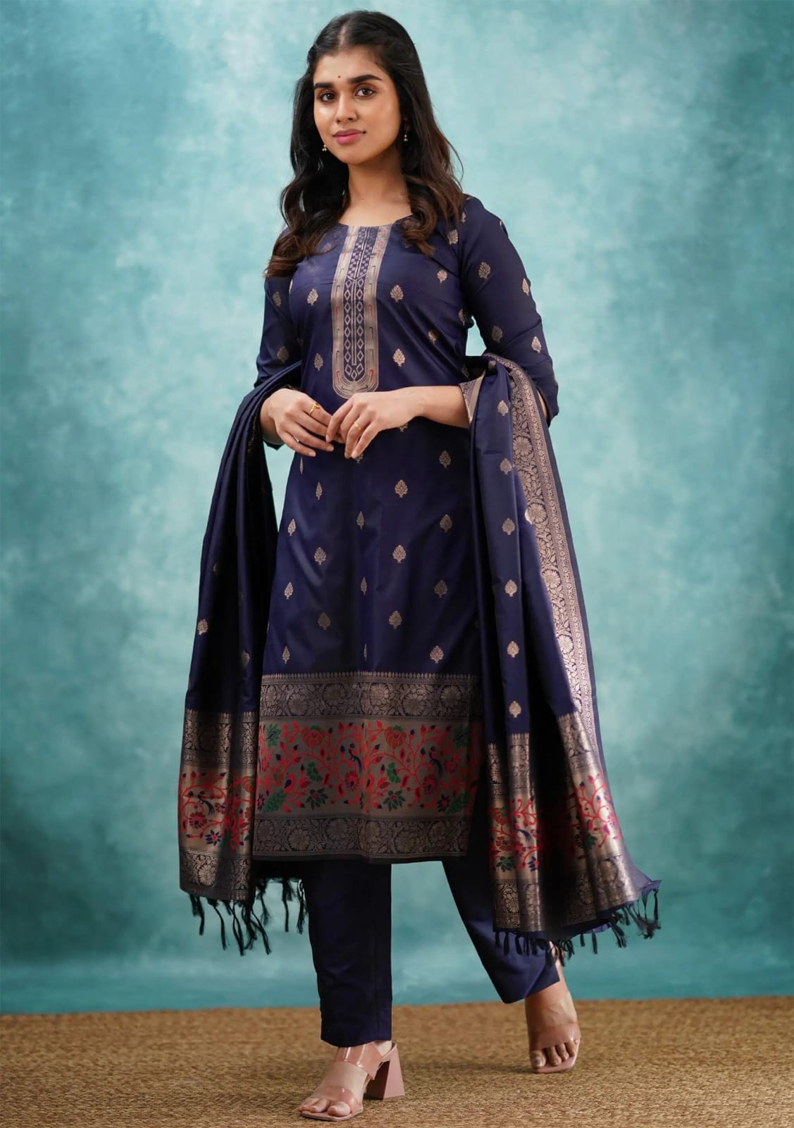 Navy Blue Traditional Kurta Pant Dupatta Ensemble
