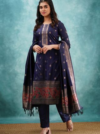 Navy Blue Traditional Kurta Pant Dupatta Ensemble