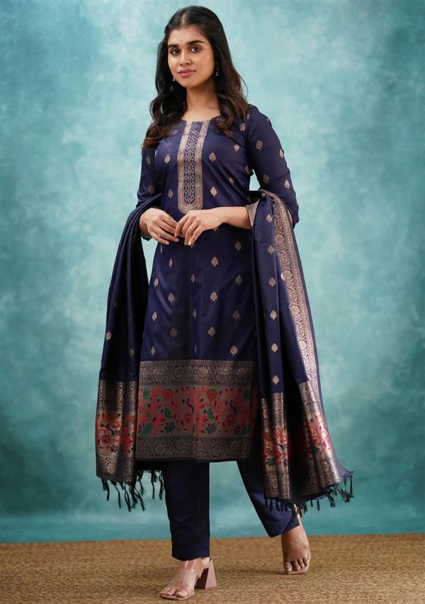 Navy Blue Traditional Kurta Pant Dupatta Ensemble