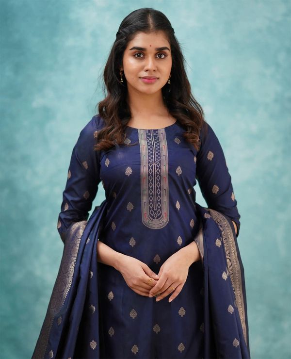 Navy Blue Traditional Kurta Pant Dupatta Ensemble