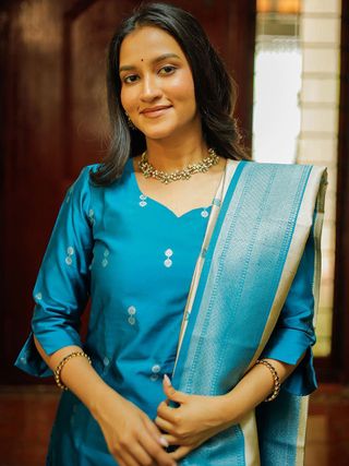 Elegant Sky Blue Woven Ethnic Suit Set